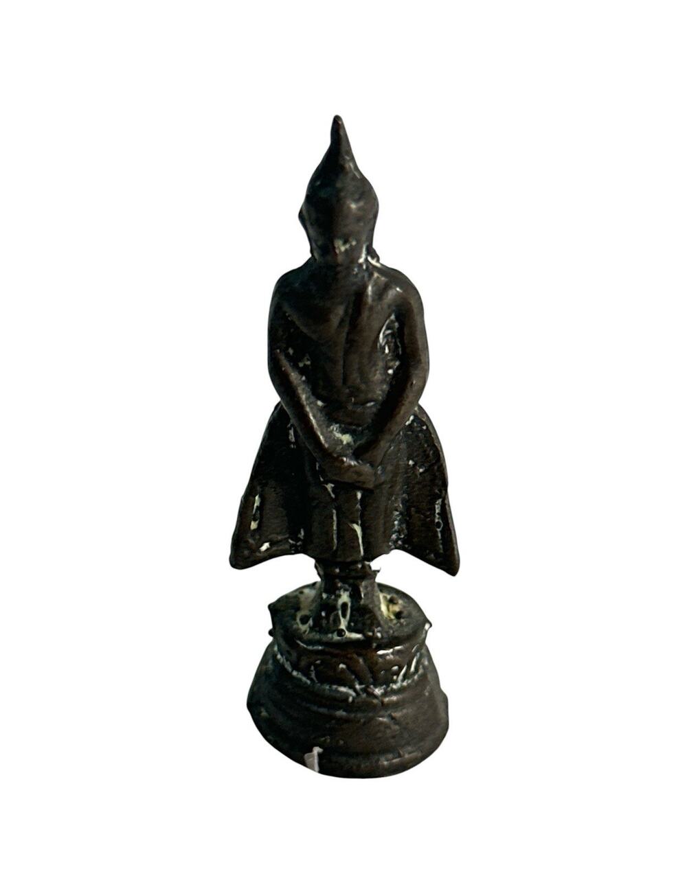 Small Thai Bronze Standing Buddha Figurine 2.25” Miniature Religious Statue